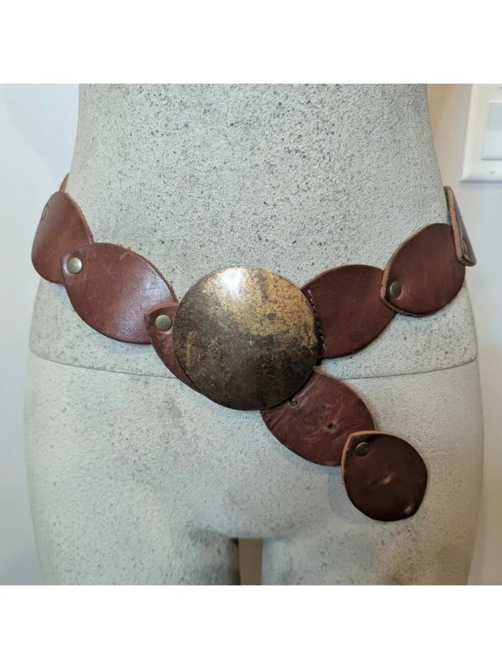 Vintage Leather disk rivet belt with brass metal buckle boho western 39.5
